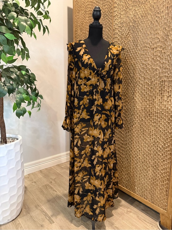 a new day Dresses & Skirts - NWT A New Day Sheer Black & Mustard Floral Long Sleeve Maxi Dress Women’s Small
